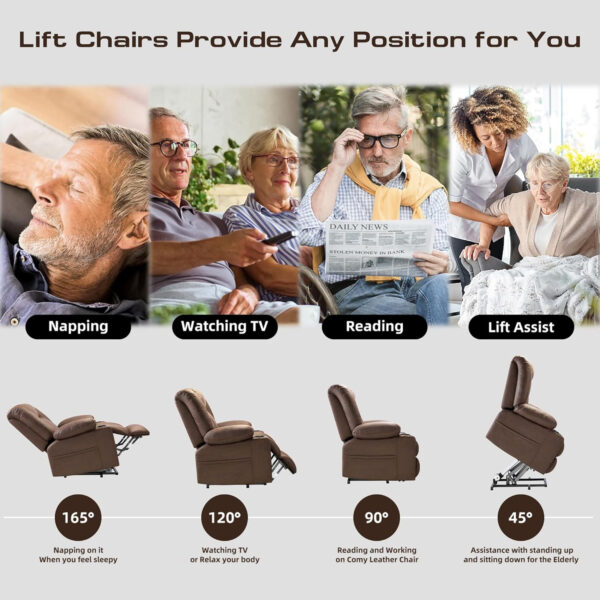 Large Power Lift Chairs Recliners for Elderly with Heated and Massage, Overstuffed Adjustable Lift Chairs, 3 Positions, Breathable Leather, USB-A and USB-C, Cup Holder, Side Pocket Dark Brown