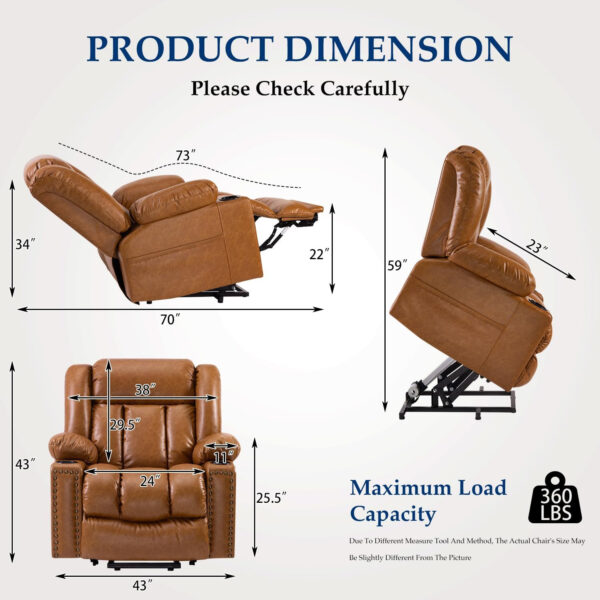 Large Power Lift Chairs Recliners for Elderly with Heated and Massage, Overstuffed Adjustable Lift Chairs, 3 Positions, Breathable Leather, USB-A and USB-C, Cup Holder, Side Pocket Dark Brown