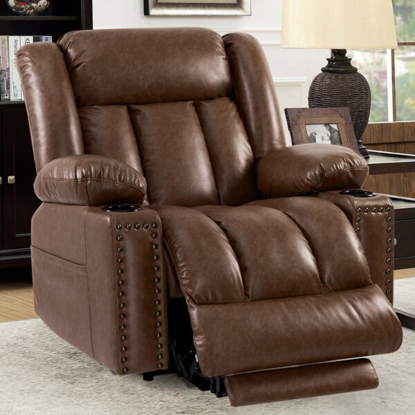 Large Power Lift Chairs Recliners for Elderly with Heated and Massage, Overstuffed Adjustable Lift Chairs, 3 Positions, Breathable Leather, USB-A and USB-C, Cup Holder, Side Pocket Dark Brown