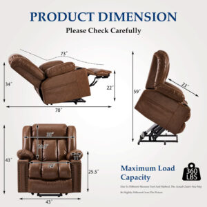 Large Power Lift Chairs Recliners for Elderly with Heated and Massage, Overstuffed Adjustable Lift Chairs, 3 Positions, Breathable Leather, USB-A and USB-C, Cup Holder, Side Pocket Dark Brown
