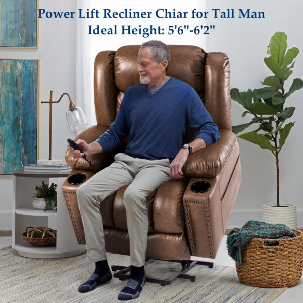 Large Power Lift Chairs Recliners for Elderly with Heated and Massage, Overstuffed Adjustable Lift Chairs, 3 Positions, Breathable Leather, USB-A and USB-C, Cup Holder, Side Pocket Dark Brown