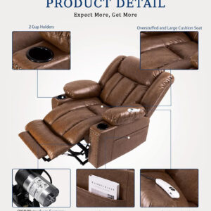 Large Power Lift Chairs Recliners for Elderly with Heated and Massage, Overstuffed Adjustable Lift Chairs, 3 Positions, Breathable Leather, USB-A and USB-C, Cup Holder, Side Pocket Dark Brown