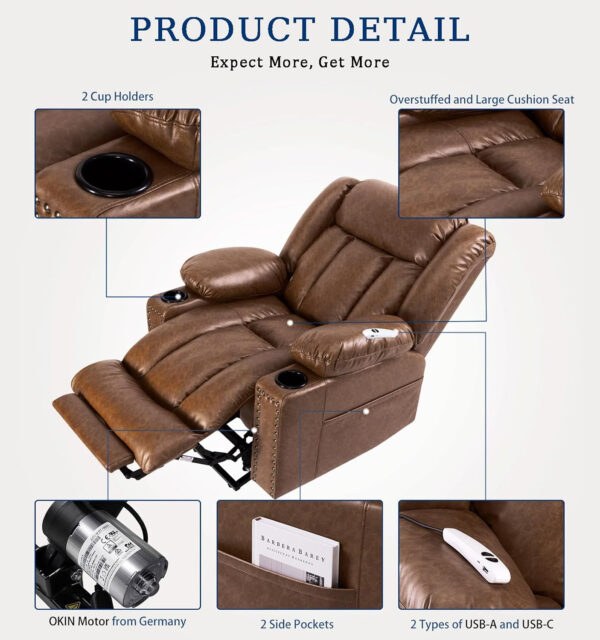 Large Power Lift Chairs Recliners for Elderly with Heated and Massage, Overstuffed Adjustable Lift Chairs, 3 Positions, Breathable Leather, USB-A and USB-C, Cup Holder, Side Pocket Dark Brown