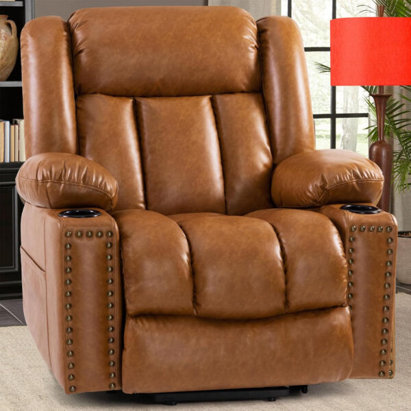 Large Power Lift Chairs Recliners for Elderly with Heated and Massage, Overstuffed Adjustable Lift Chairs, 3 Positions, Breathable Leather, USB-A and USB-C, Cup Holder, Side Pocket Dark Brown