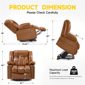 Large Power Lift Chairs Recliners for Elderly with Heated and Massage, Overstuffed Adjustable Lift Chairs, 3 Positions, Breathable Leather, USB-A and USB-C, Cup Holder, Side Pocket Dark Brown