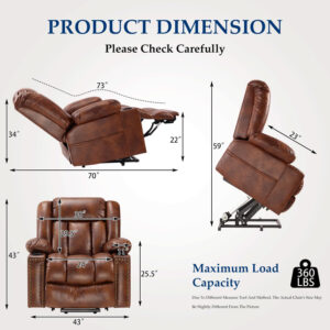 Large Power Lift Chairs Recliners for Elderly with Heated and Massage, Overstuffed Adjustable Lift Chairs, 3 Positions, Breathable Leather, USB-A and USB-C, Cup Holder, Side Pocket Dark Brown