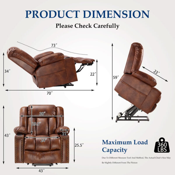 Large Power Lift Chairs Recliners for Elderly with Heated and Massage, Overstuffed Adjustable Lift Chairs, 3 Positions, Breathable Leather, USB-A and USB-C, Cup Holder, Side Pocket Dark Brown