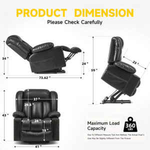 Large Power Lift Chairs Recliners for Elderly with Heated and Massage, Overstuffed Adjustable Lift Chairs, 3 Positions, Breathable Leather, USB-A and USB-C, Cup Holder, Side Pocket Dark Brown