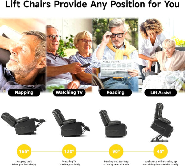 Large Power Lift Chairs Recliners for Elderly with Heated and Massage, Overstuffed Adjustable Lift Chairs, 3 Positions, Breathable Leather, USB-A and USB-C, Cup Holder, Side Pocket Dark Brown
