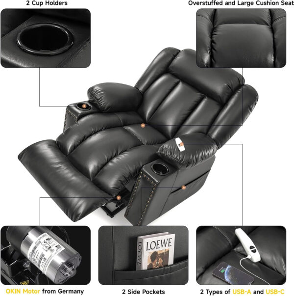 Large Power Lift Chairs Recliners for Elderly with Heated and Massage, Overstuffed Adjustable Lift Chairs, 3 Positions, Breathable Leather, USB-A and USB-C, Cup Holder, Side Pocket Dark Brown