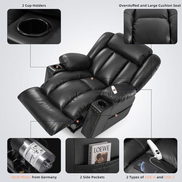 Large Power Lift Chairs Recliners for Elderly with Heated and Massage, Overstuffed Adjustable Lift Chairs, 3 Positions, Breathable Leather, USB-A and USB-C, Cup Holder, Side Pocket Dark Brown