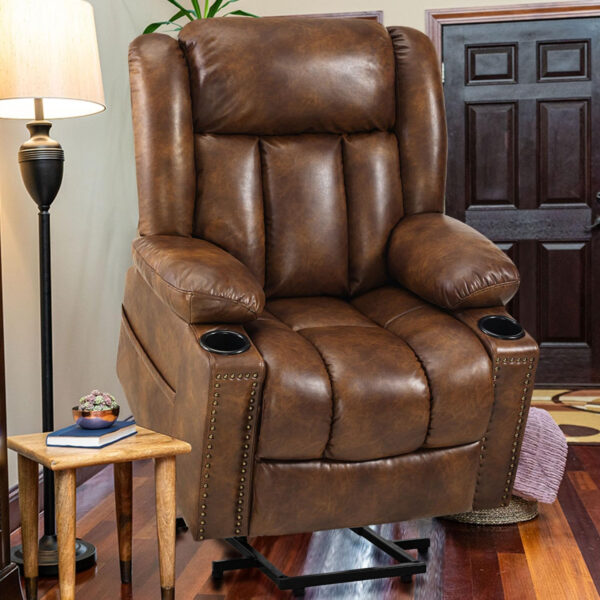 Large Power Lift Chairs Recliners for Elderly with Heated and Massage, Overstuffed Adjustable Lift Chairs, 3 Positions, Breathable Leather, USB-A and USB-C, Cup Holder, Side Pocket Dark Brown