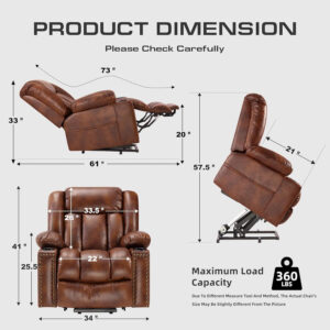 Large Power Lift Chairs Recliners for Elderly with Heated and Massage, Overstuffed Adjustable Lift Chairs, 3 Positions, Breathable Leather, USB-A and USB-C, Cup Holder, Side Pocket Dark Brown