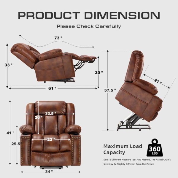 Large Power Lift Chairs Recliners for Elderly with Heated and Massage, Overstuffed Adjustable Lift Chairs, 3 Positions, Breathable Leather, USB-A and USB-C, Cup Holder, Side Pocket Dark Brown