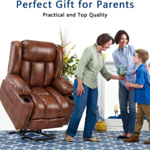 Large Power Lift Chairs Recliners for Elderly with Heated and Massage, Overstuffed Adjustable Lift Chairs, 3 Positions, Breathable Leather, USB-A and USB-C, Cup Holder, Side Pocket Dark Brown