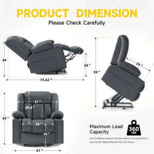 Large Power Lift Chairs Recliners for Elderly with Heated and Massage, Overstuffed Adjustable Lift Chairs, 3 Positions, Breathable Leather, USB-A and USB-C, Cup Holder, Side Pocket Dark Brown