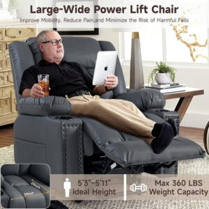 Large Power Lift Chairs Recliners for Elderly with Heated and Massage, Overstuffed Adjustable Lift Chairs, 3 Positions, Breathable Leather, USB-A and USB-C, Cup Holder, Side Pocket Dark Brown