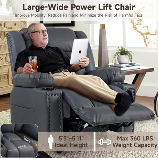 Large Power Lift Chairs Recliners for Elderly with Heated and Massage, Overstuffed Adjustable Lift Chairs, 3 Positions, Breathable Leather, USB-A and USB-C, Cup Holder, Side Pocket Dark Brown