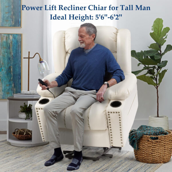 Large Power Lift Chairs Recliners for Elderly with Heated and Massage, Overstuffed Adjustable Lift Chairs, 3 Positions, Breathable Leather, USB-A and USB-C, Cup Holder, Side Pocket Dark Brown