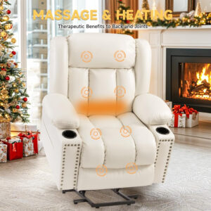 Large Power Lift Chairs Recliners for Elderly with Heated and Massage, Overstuffed Adjustable Lift Chairs, 3 Positions, Breathable Leather, USB-A and USB-C, Cup Holder, Side Pocket Dark Brown