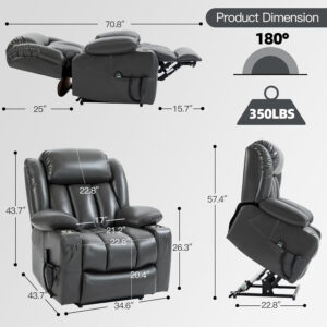 Lay Flat Lift Recliner Chair with Massage & Heat for Elderly People, Electric Power Lift Chair w/Dual Motor, 2 Stainless Steel Cup Holders and 2 Remote Controls, Breathable Leather Grey