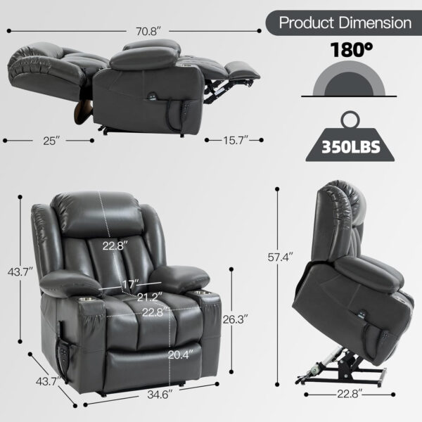 Lay Flat Lift Recliner Chair with Massage & Heat for Elderly People, Electric Power Lift Chair w/Dual Motor, 2 Stainless Steel Cup Holders and 2 Remote Controls, Breathable Leather Grey