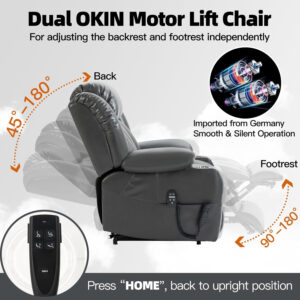 Lay Flat Lift Recliner Chair with Massage & Heat for Elderly People, Electric Power Lift Chair w/Dual Motor, 2 Stainless Steel Cup Holders and 2 Remote Controls, Breathable Leather Grey