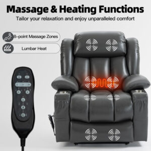 Lay Flat Lift Recliner Chair with Massage & Heat for Elderly People, Electric Power Lift Chair w/Dual Motor, 2 Stainless Steel Cup Holders and 2 Remote Controls, Breathable Leather Grey