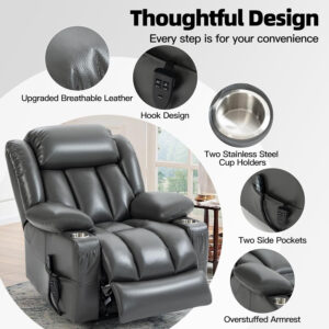 Lay Flat Lift Recliner Chair with Massage & Heat for Elderly People, Electric Power Lift Chair w/Dual Motor, 2 Stainless Steel Cup Holders and 2 Remote Controls, Breathable Leather Grey