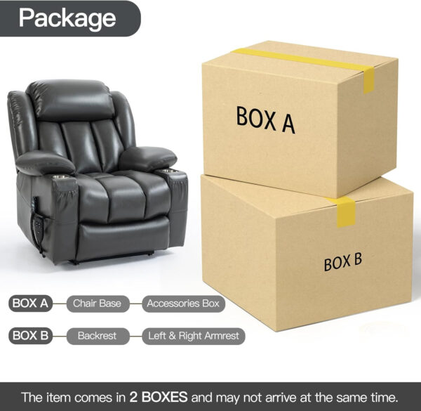 Lay Flat Lift Recliner Chair with Massage & Heat for Elderly People, Electric Power Lift Chair w/Dual Motor, 2 Stainless Steel Cup Holders and 2 Remote Controls, Breathable Leather Grey