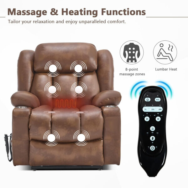 Lay Flat Lift Recliner Chair with Massage & Heat for Elderly People, Electric Power Lift Chair w/Dual Motor, 2 Stainless Steel Cup Holders and 2 Remote Controls, Breathable Leather Grey