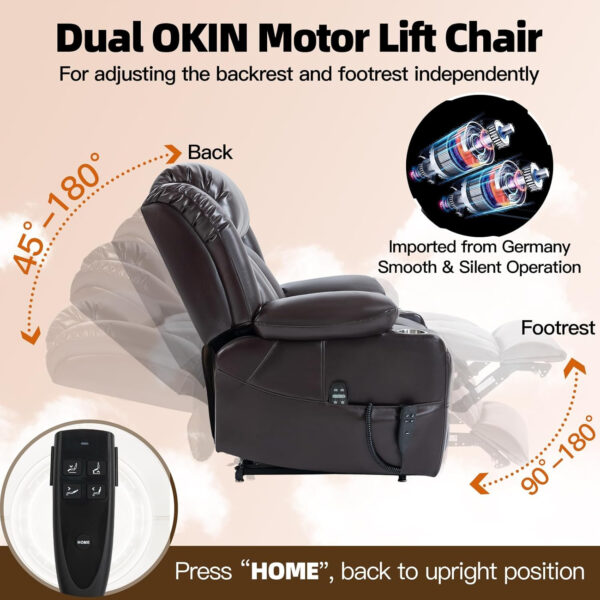 Lay Flat Lift Recliner Chair with Massage & Heat for Elderly People, Electric Power Lift Chair w/Dual Motor, 2 Stainless Steel Cup Holders and 2 Remote Controls, Breathable Leather Grey