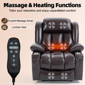 Lay Flat Lift Recliner Chair with Massage & Heat for Elderly People, Electric Power Lift Chair w/Dual Motor, 2 Stainless Steel Cup Holders and 2 Remote Controls, Breathable Leather Grey