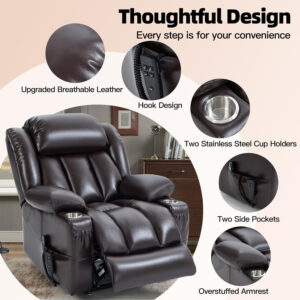 Lay Flat Lift Recliner Chair with Massage & Heat for Elderly People, Electric Power Lift Chair w/Dual Motor, 2 Stainless Steel Cup Holders and 2 Remote Controls, Breathable Leather Grey