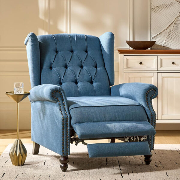 HULALA HOME Recliner Chair with Solid Wood Legs, Push Back Wingback Tufted Recliner with Nailhead Trim, Comfy Fabric Upholstered Sofa Chair for Bedroom Living Room, Blue