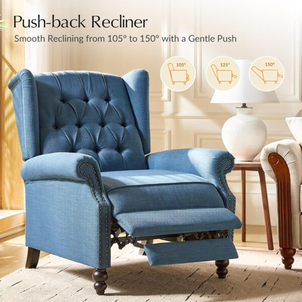 HULALA HOME Recliner Chair with Solid Wood Legs, Push Back Wingback Tufted Recliner with Nailhead Trim, Comfy Fabric Upholstered Sofa Chair for Bedroom Living Room, Blue