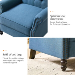 HULALA HOME Recliner Chair with Solid Wood Legs, Push Back Wingback Tufted Recliner with Nailhead Trim, Comfy Fabric Upholstered Sofa Chair for Bedroom Living Room, Blue