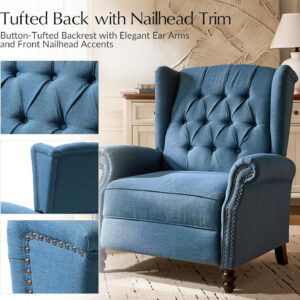 HULALA HOME Recliner Chair with Solid Wood Legs, Push Back Wingback Tufted Recliner with Nailhead Trim, Comfy Fabric Upholstered Sofa Chair for Bedroom Living Room, Blue