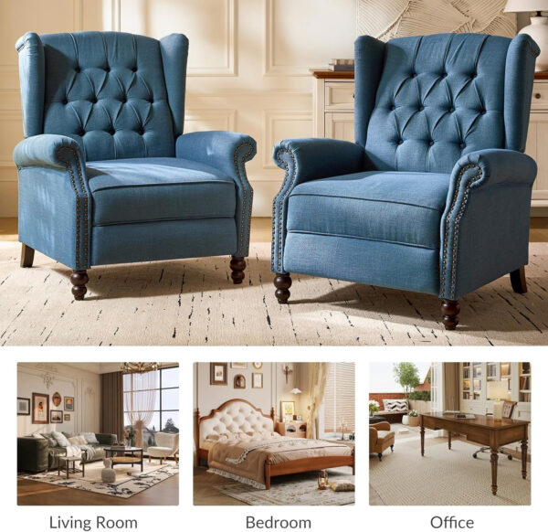 HULALA HOME Recliner Chair with Solid Wood Legs, Push Back Wingback Tufted Recliner with Nailhead Trim, Comfy Fabric Upholstered Sofa Chair for Bedroom Living Room, Blue