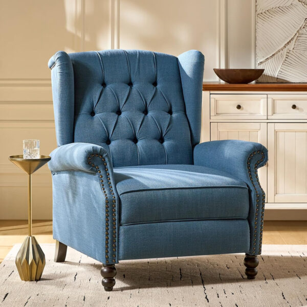 HULALA HOME Recliner Chair with Solid Wood Legs, Push Back Wingback Tufted Recliner with Nailhead Trim, Comfy Fabric Upholstered Sofa Chair for Bedroom Living Room, Blue