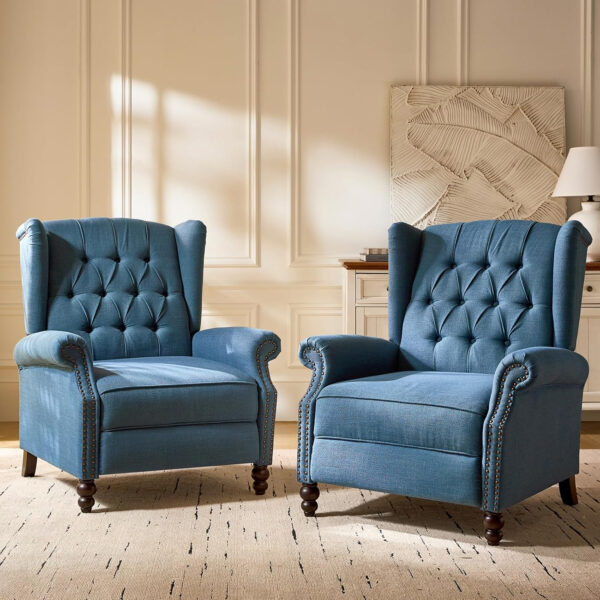 HULALA HOME Recliner Chair with Solid Wood Legs, Push Back Wingback Tufted Recliner with Nailhead Trim, Comfy Fabric Upholstered Sofa Chair for Bedroom Living Room, Blue