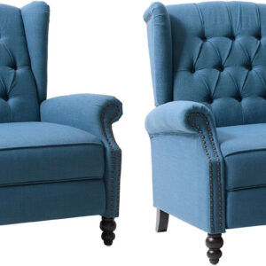 HULALA HOME Recliner Chair with Solid Wood Legs, Push Back Wingback Tufted Recliner with Nailhead Trim, Comfy Fabric Upholstered Sofa Chair for Bedroom Living Room, Blue