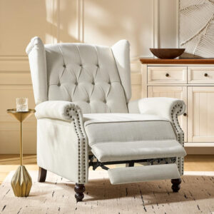 HULALA HOME Recliner Chair with Solid Wood Legs, Push Back Wingback Tufted Recliner with Nailhead Trim, Comfy Fabric Upholstered Sofa Chair for Bedroom Living Room, Blue