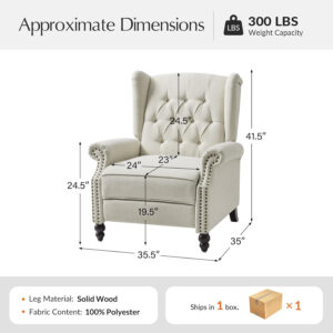 HULALA HOME Recliner Chair with Solid Wood Legs, Push Back Wingback Tufted Recliner with Nailhead Trim, Comfy Fabric Upholstered Sofa Chair for Bedroom Living Room, Blue