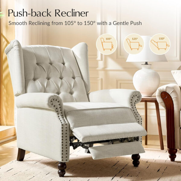 HULALA HOME Recliner Chair with Solid Wood Legs, Push Back Wingback Tufted Recliner with Nailhead Trim, Comfy Fabric Upholstered Sofa Chair for Bedroom Living Room, Blue