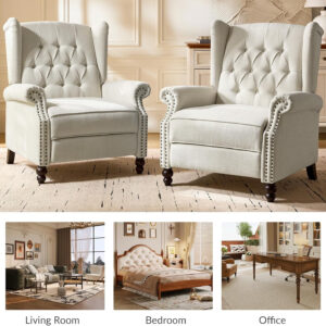 HULALA HOME Recliner Chair with Solid Wood Legs, Push Back Wingback Tufted Recliner with Nailhead Trim, Comfy Fabric Upholstered Sofa Chair for Bedroom Living Room, Blue