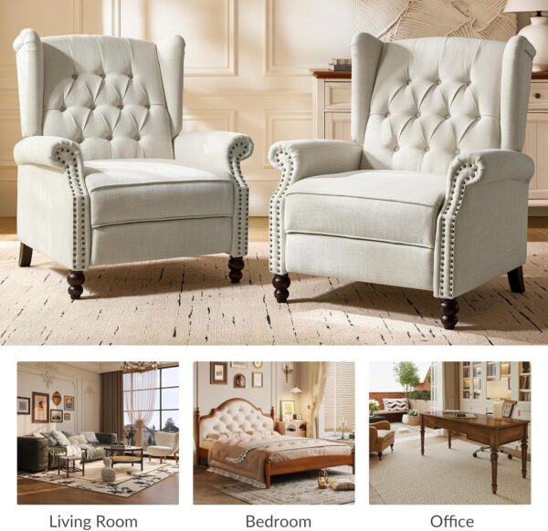 HULALA HOME Recliner Chair with Solid Wood Legs, Push Back Wingback Tufted Recliner with Nailhead Trim, Comfy Fabric Upholstered Sofa Chair for Bedroom Living Room, Blue