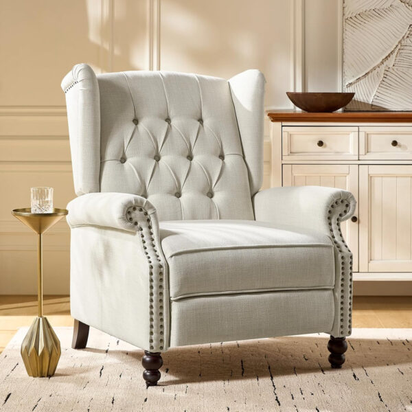 HULALA HOME Recliner Chair with Solid Wood Legs, Push Back Wingback Tufted Recliner with Nailhead Trim, Comfy Fabric Upholstered Sofa Chair for Bedroom Living Room, Blue