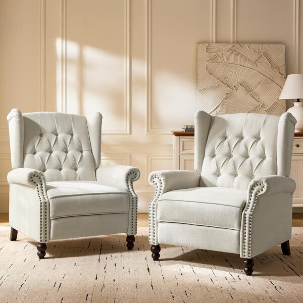 HULALA HOME Recliner Chair with Solid Wood Legs, Push Back Wingback Tufted Recliner with Nailhead Trim, Comfy Fabric Upholstered Sofa Chair for Bedroom Living Room, Blue