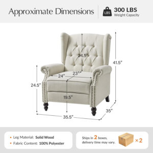 HULALA HOME Recliner Chair with Solid Wood Legs, Push Back Wingback Tufted Recliner with Nailhead Trim, Comfy Fabric Upholstered Sofa Chair for Bedroom Living Room, Blue